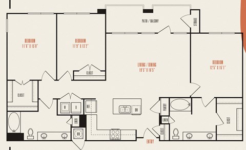 Floor plan for 3 beds, 2 baths, 1510 sqft